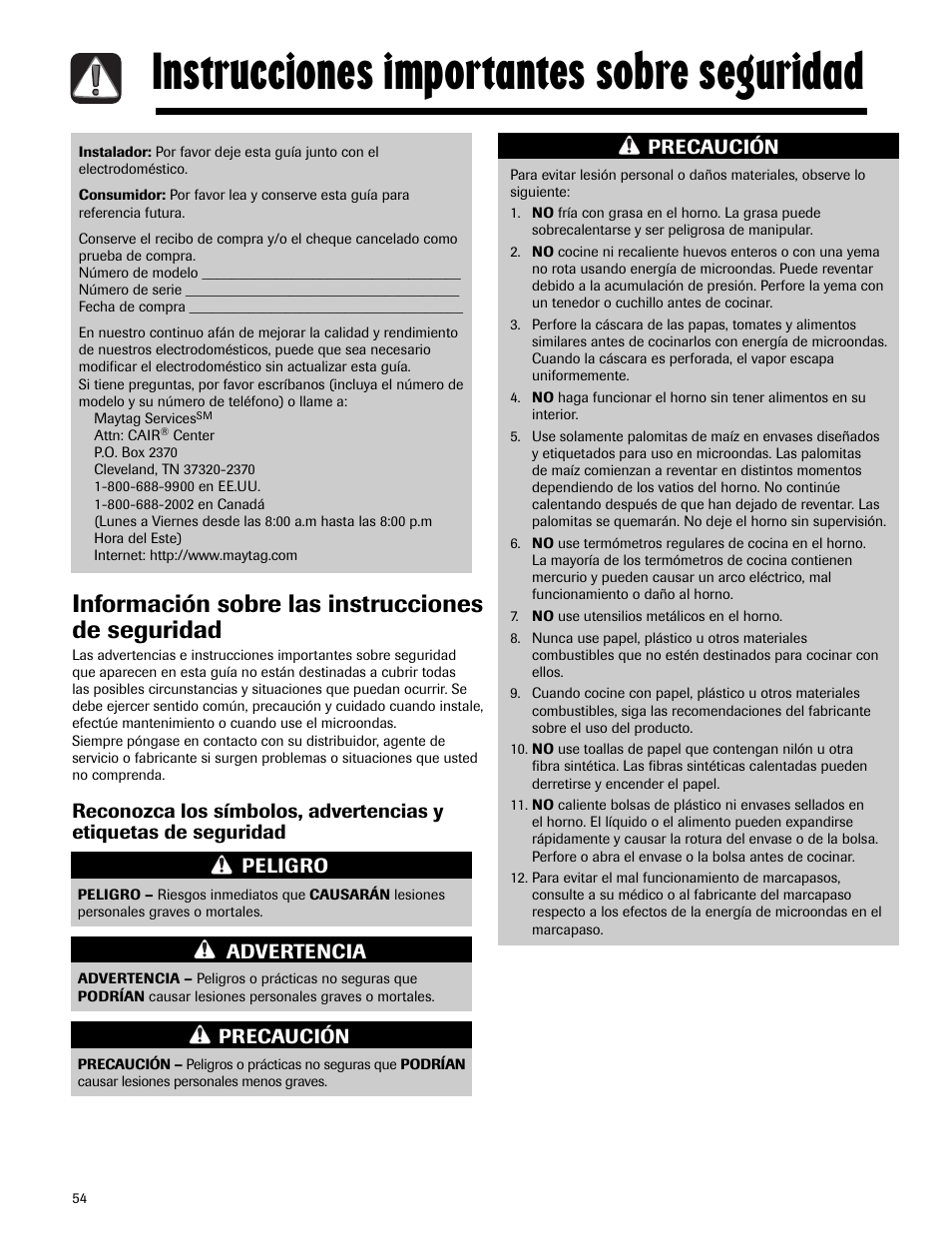 Instrucciones importantes sobre seguridad, Información sobre las instrucciones de seguridad, Advertencia | Precaución | Maytag MMV5165AAS User Manual | Page 54 / 80