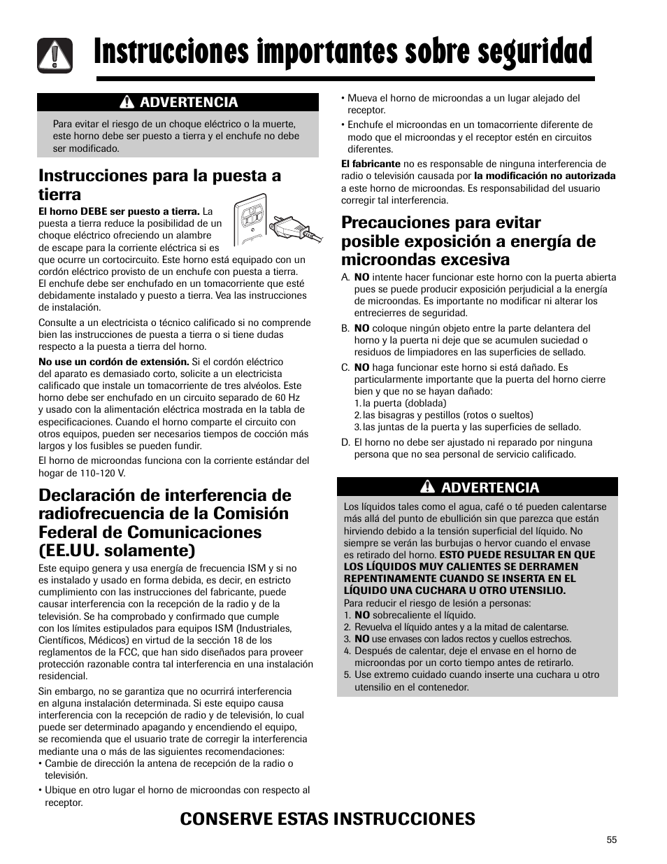 Instrucciones importantes sobre seguridad, Instrucciones para la puesta a tierra, Conserve estas instrucciones | Maytag MMV5165AAS User Manual | Page 55 / 80