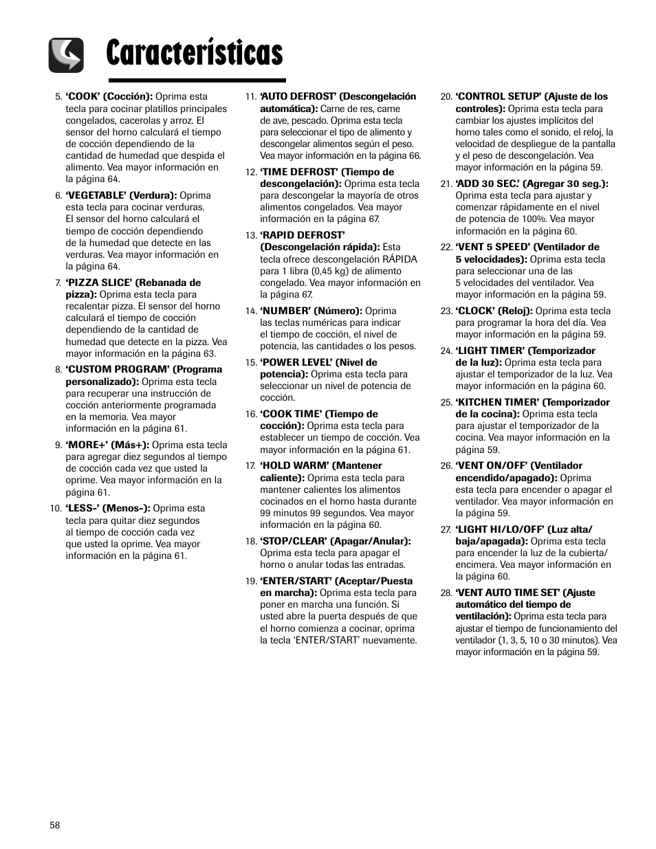 Características | Maytag MMV5165AAS User Manual | Page 58 / 80