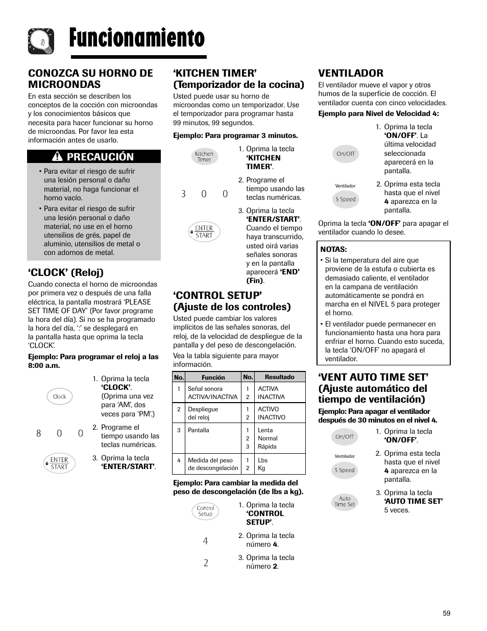 Funcionamiento, Kitchen timer’ (temporizador de la cocina), Control setup’ (ajuste de los controles) | Conozca su horno de microondas, Clock’ (reloj), Ventilador, Precaución | Maytag MMV5165AAS User Manual | Page 59 / 80