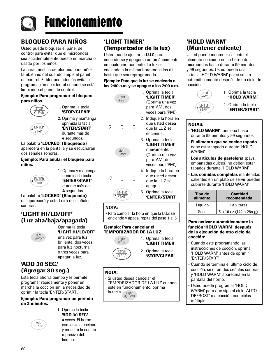 Funcionamiento, Hold warm’ (mantener caliente), Bloqueo para niños | Light hi/lo/off’ (luz alta/baja/apagada), Add 30 sec.’ (agregar 30 seg.), Light timer’ (temporizador de la luz) | Maytag MMV5165AAS User Manual | Page 60 / 80
