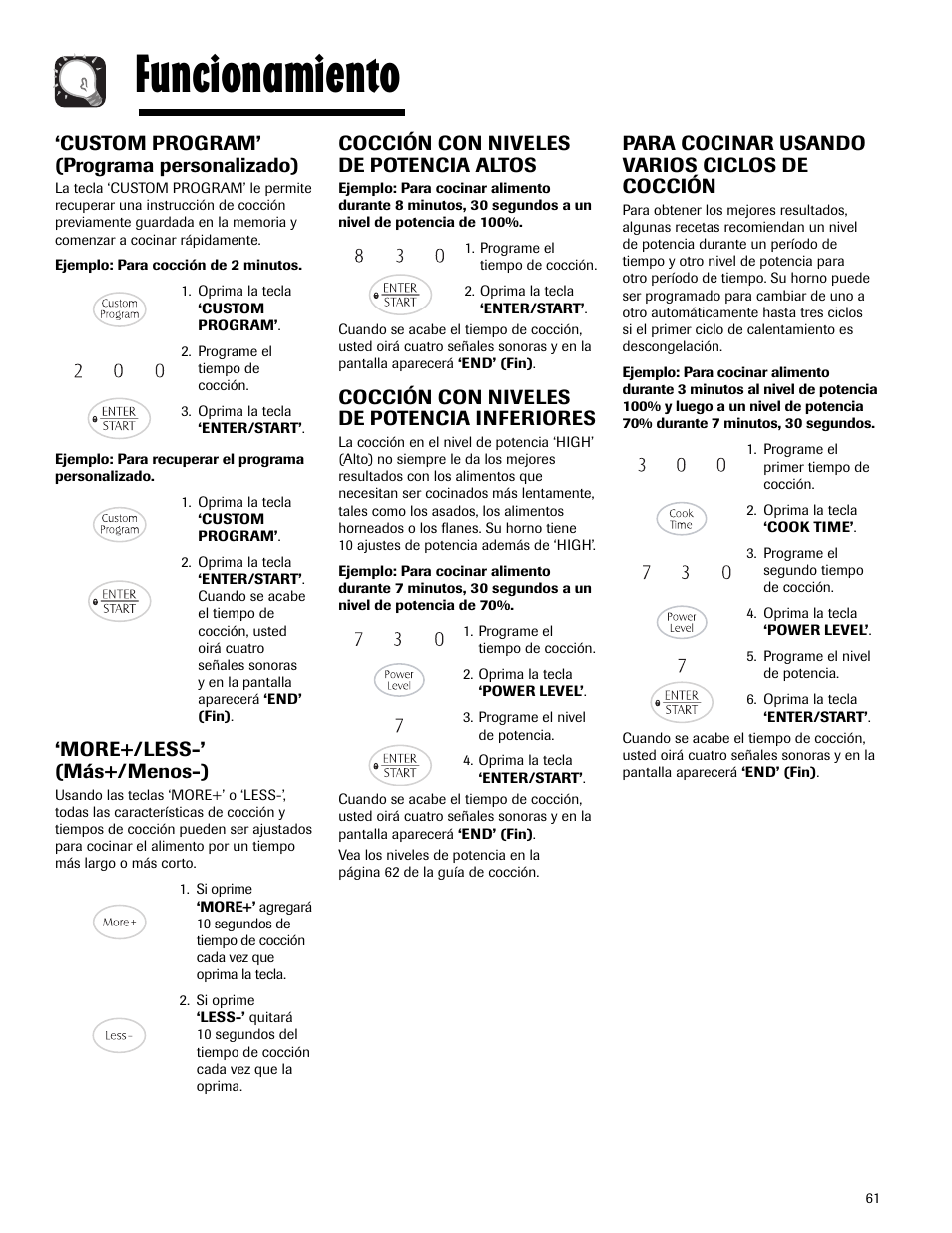 Funcionamiento, Custom program’ (programa personalizado), More+/less-’ (más+/menos-) | Cocción con niveles de potencia altos, Cocción con niveles de potencia inferiores, Para cocinar usando varios ciclos de cocción | Maytag MMV5165AAS User Manual | Page 61 / 80