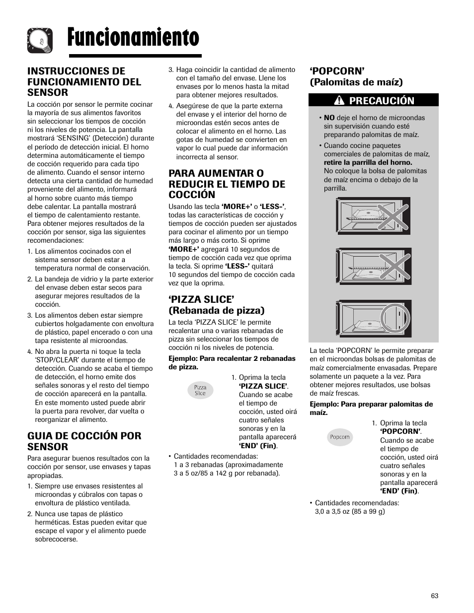 Funcionamiento, Instrucciones de funcionamiento del sensor, Guia de cocción por sensor | Para aumentar o reducir el tiempo de cocción, Pizza slice’ (rebanada de pizza), Popcorn’ (palomitas de maíz), Precaución | Maytag MMV5165AAS User Manual | Page 63 / 80