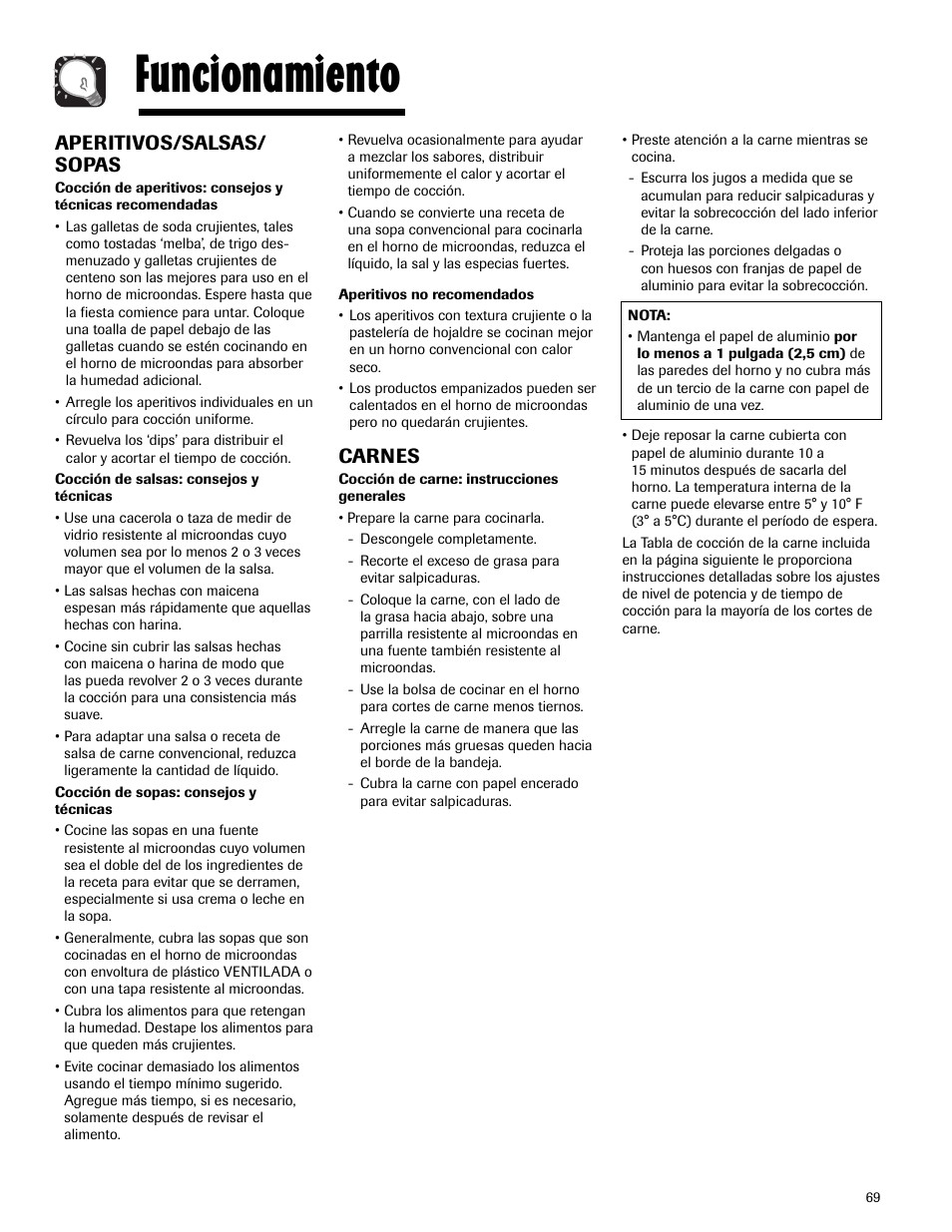 Funcionamiento, Aperitivos/salsas/ sopas, Carnes | Maytag MMV5165AAS User Manual | Page 69 / 80