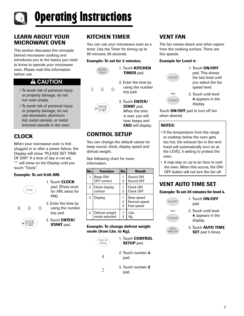 Operating instructions, Kitchen timer, Control setup | Learn about your microwave oven, Clock, Vent fan, Vent auto time set, Caution | Maytag MMV5165AAS User Manual | Page 7 / 80