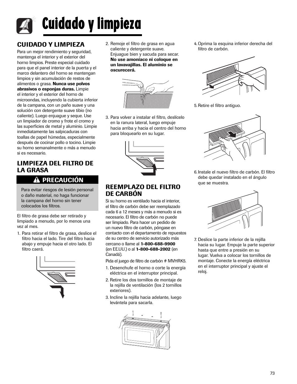 Cuidado y limpieza, Limpieza del filtro de la grasa, Reemplazo del filtro de carbón | Precaución | Maytag MMV5165AAS User Manual | Page 73 / 80