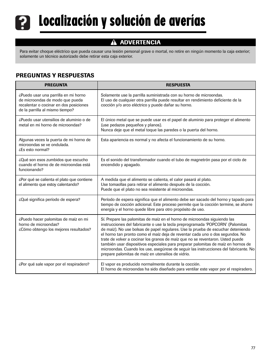 Localización y solución de averías, Preguntas y respuestas, Advertencia | Maytag MMV5165AAS User Manual | Page 77 / 80