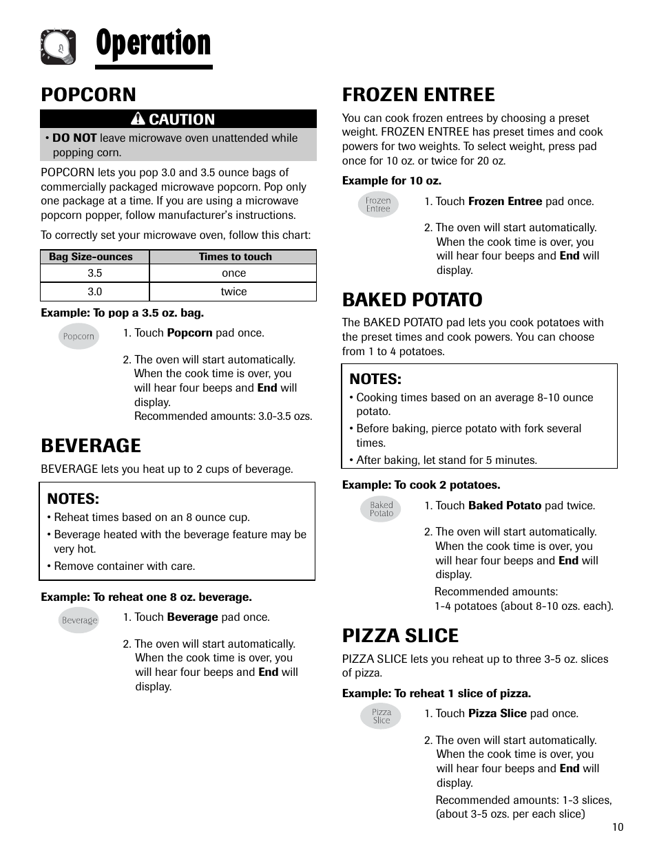 Operation, Popcorn, Beverage | Frozen entree, Baked potato, Pizza slice | Maytag MMV1153AAW User Manual | Page 11 / 80