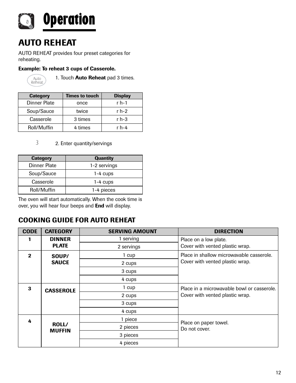 Operation, Auto reheat | Maytag MMV1153AAW User Manual | Page 13 / 80