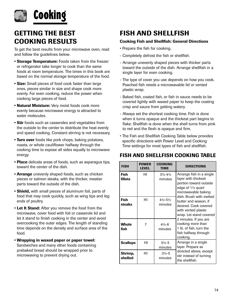 Cooking, Getting the best cooking results, Fish and shellfish | Fish and shellfish cooking table | Maytag MMV1153AAW User Manual | Page 15 / 80