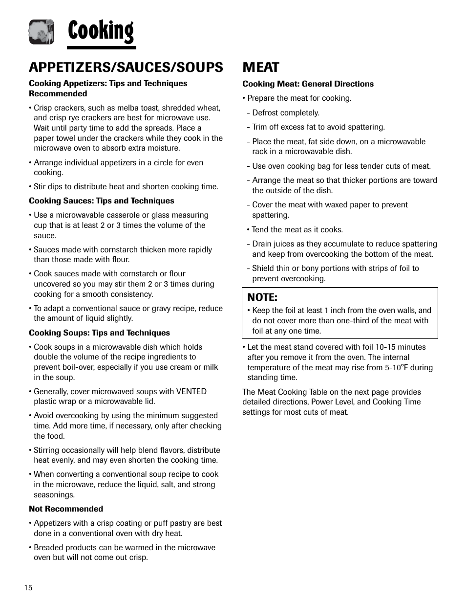 Cooking, Meat, Appetizers/sauces/soups | Maytag MMV1153AAW User Manual | Page 16 / 80