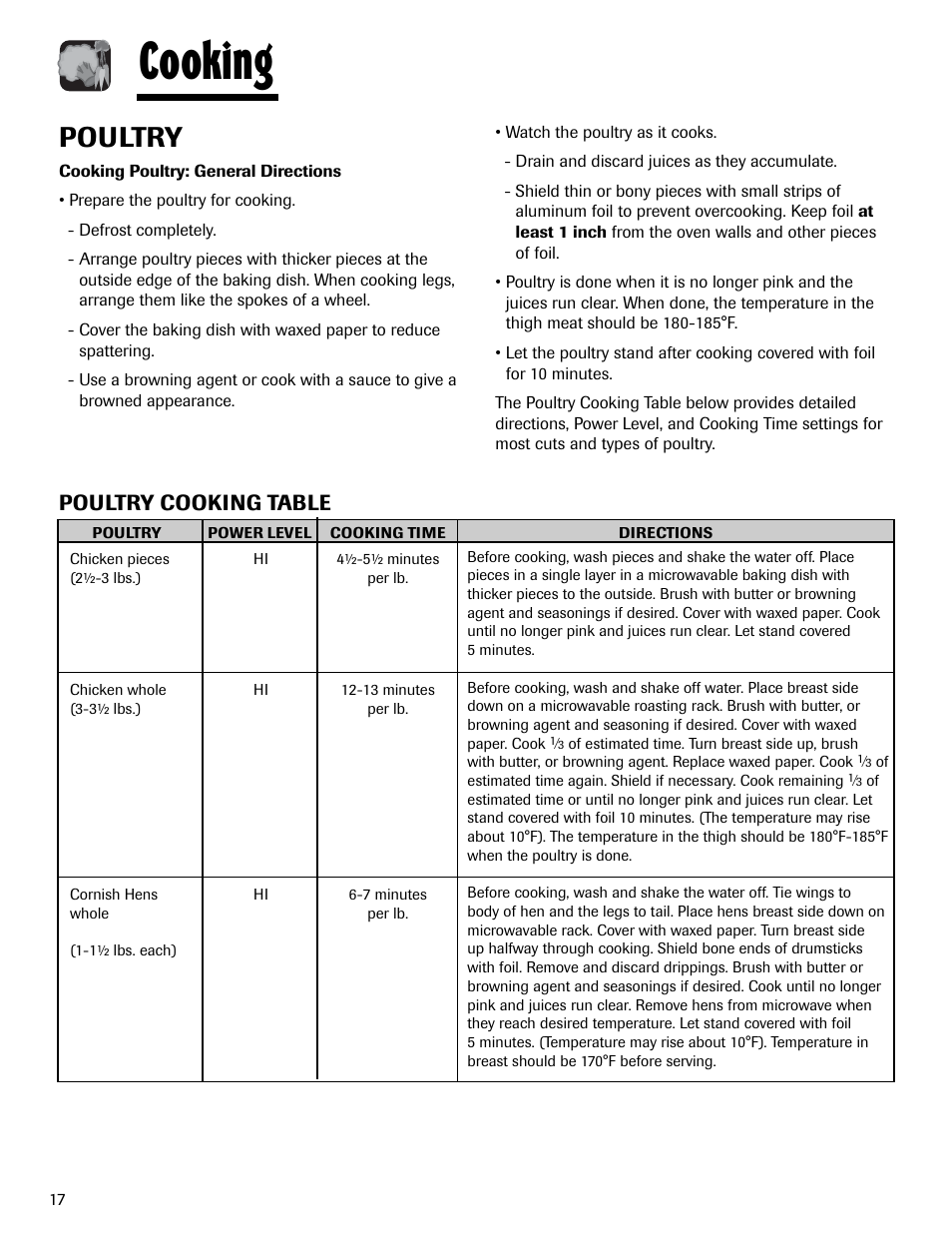 Cooking, Poultry, Poultry cooking table | Maytag MMV1153AAW User Manual | Page 18 / 80
