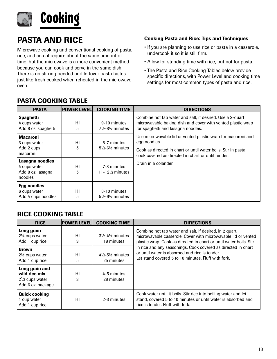 Cooking, Pasta and rice, Pasta cooking table | Rice cooking table | Maytag MMV1153AAW User Manual | Page 19 / 80