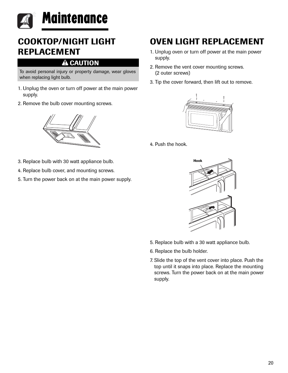 Maintenance, Oven light replacement, Cooktop/night light replacement | Maytag MMV1153AAW User Manual | Page 21 / 80