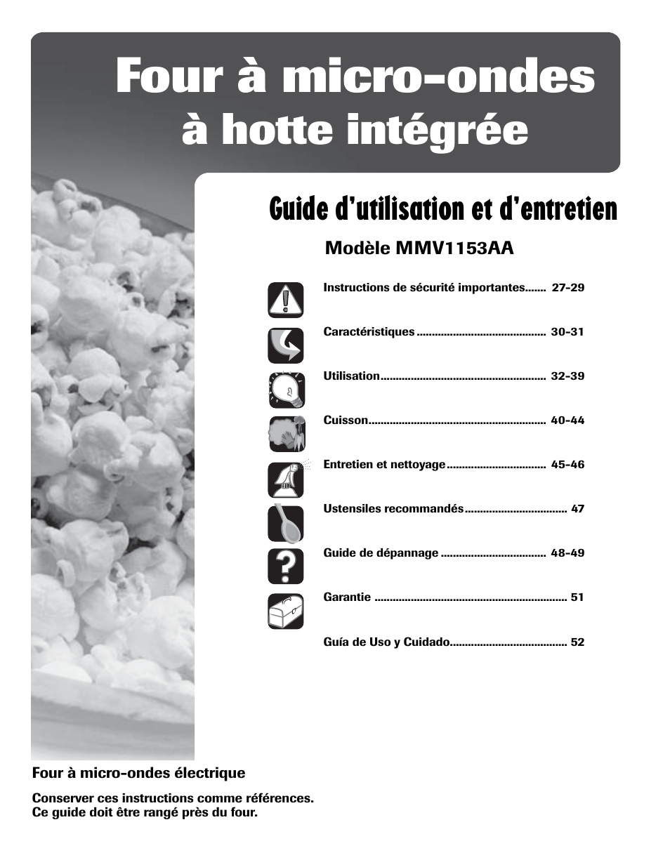 Four à micro-ondes, À hotte intégrée, Guide d’utilisation et d’entretien | Maytag MMV1153AAW User Manual | Page 27 / 80