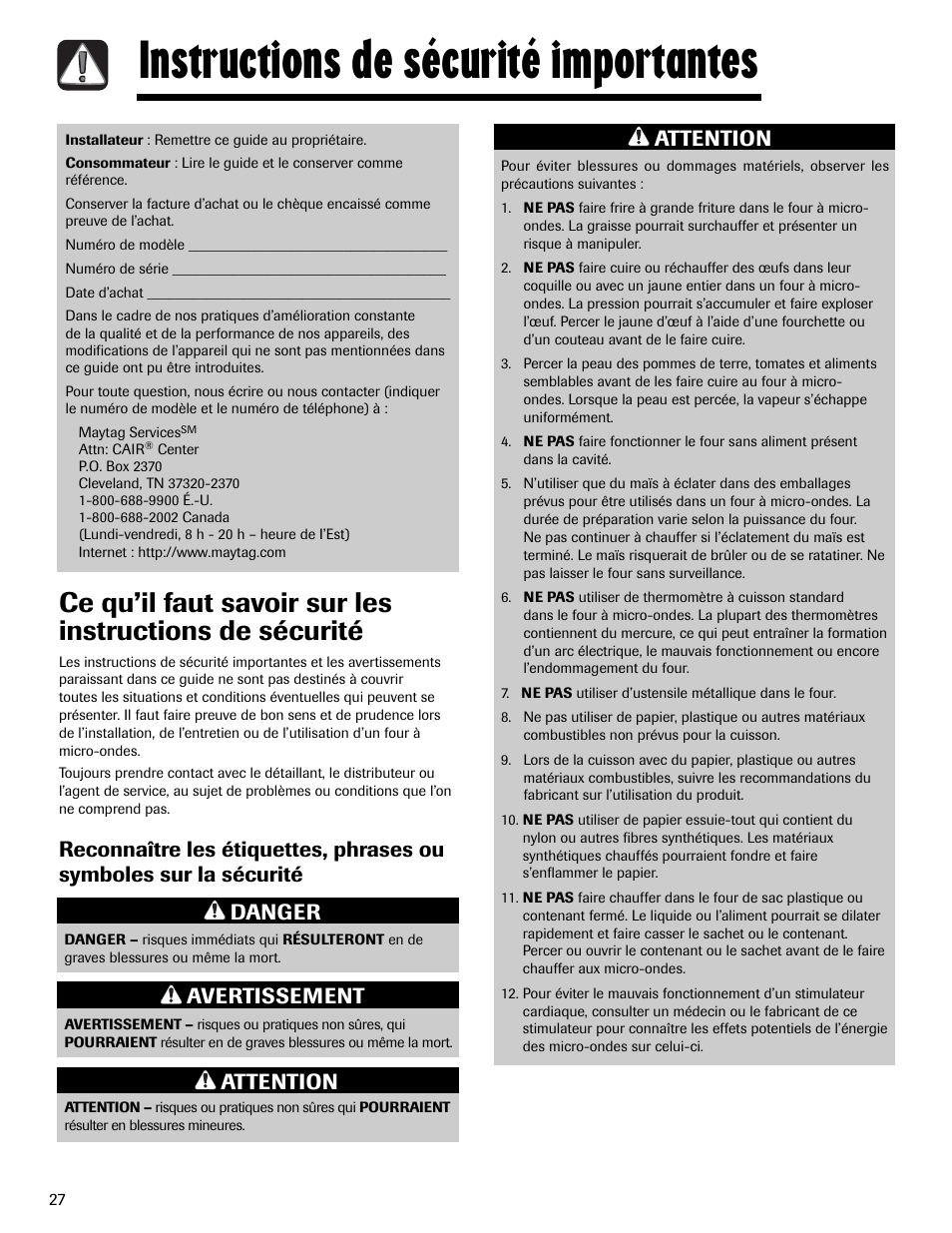 Instructions de sécurité importantes, Avertissement, Attention | Maytag MMV1153AAW User Manual | Page 28 / 80
