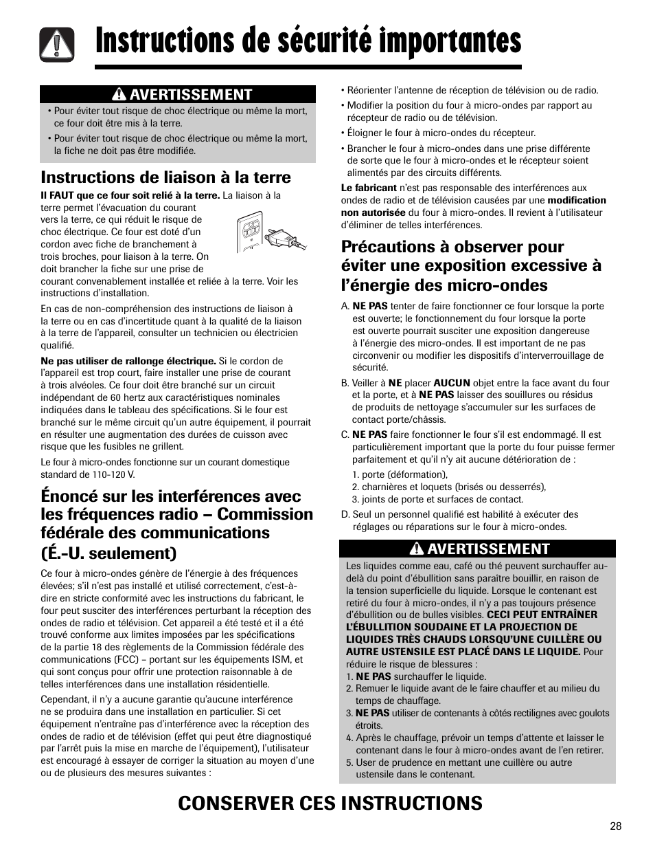 Instructions de sécurité importantes, Conserver ces instructions, Instructions de liaison à la terre | Avertissement | Maytag MMV1153AAW User Manual | Page 29 / 80