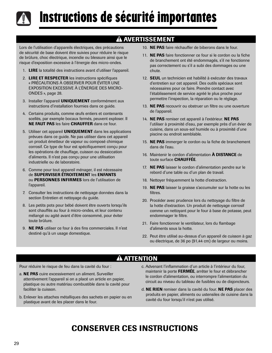 Instructions de sécurité importantes, Conserver ces instructions, Avertissement | Attention | Maytag MMV1153AAW User Manual | Page 30 / 80