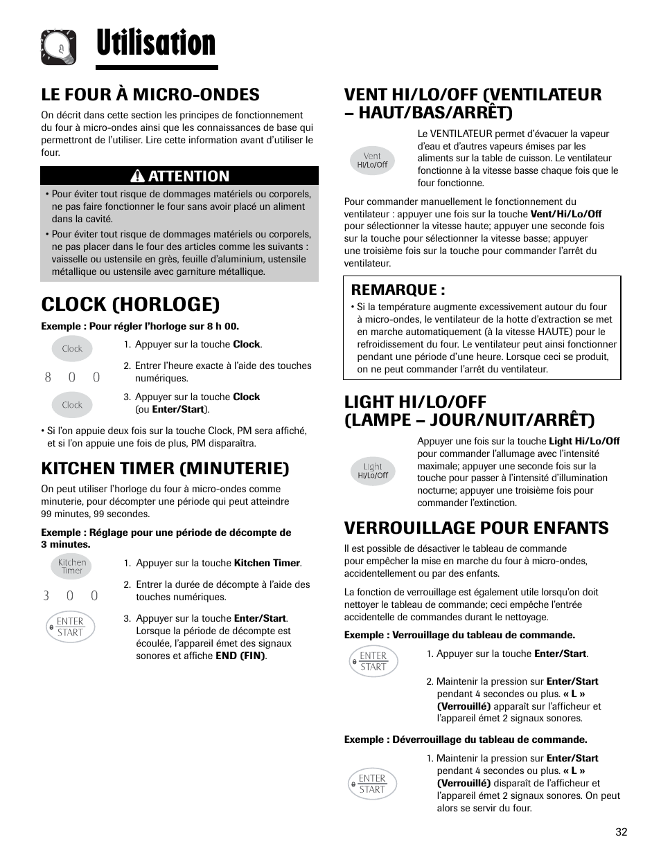 Utilisation, Clock (horloge), Le four à micro-ondes | Kitchen timer (minuterie), Vent hi/lo/off (ventilateur – haut/bas/arrêt), Light hi/lo/off (lampe – jour/nuit/arrêt), Verrouillage pour enfants, Remarque, Attention | Maytag MMV1153AAW User Manual | Page 33 / 80