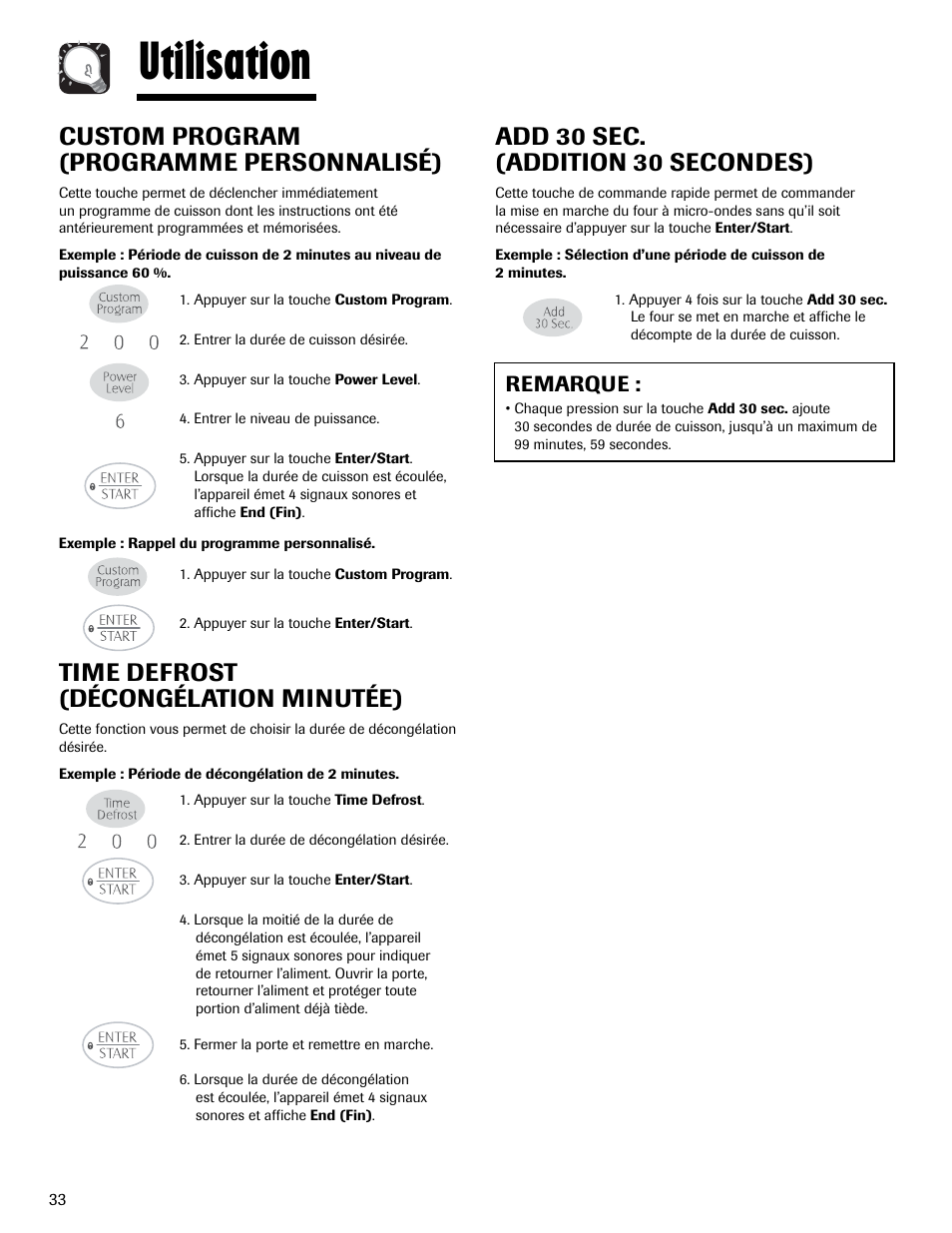 Utilisation, Custom program (programme personnalisé), Time defrost (décongélation minutée) | Add 30 sec. (addition 30 secondes), Remarque | Maytag MMV1153AAW User Manual | Page 34 / 80