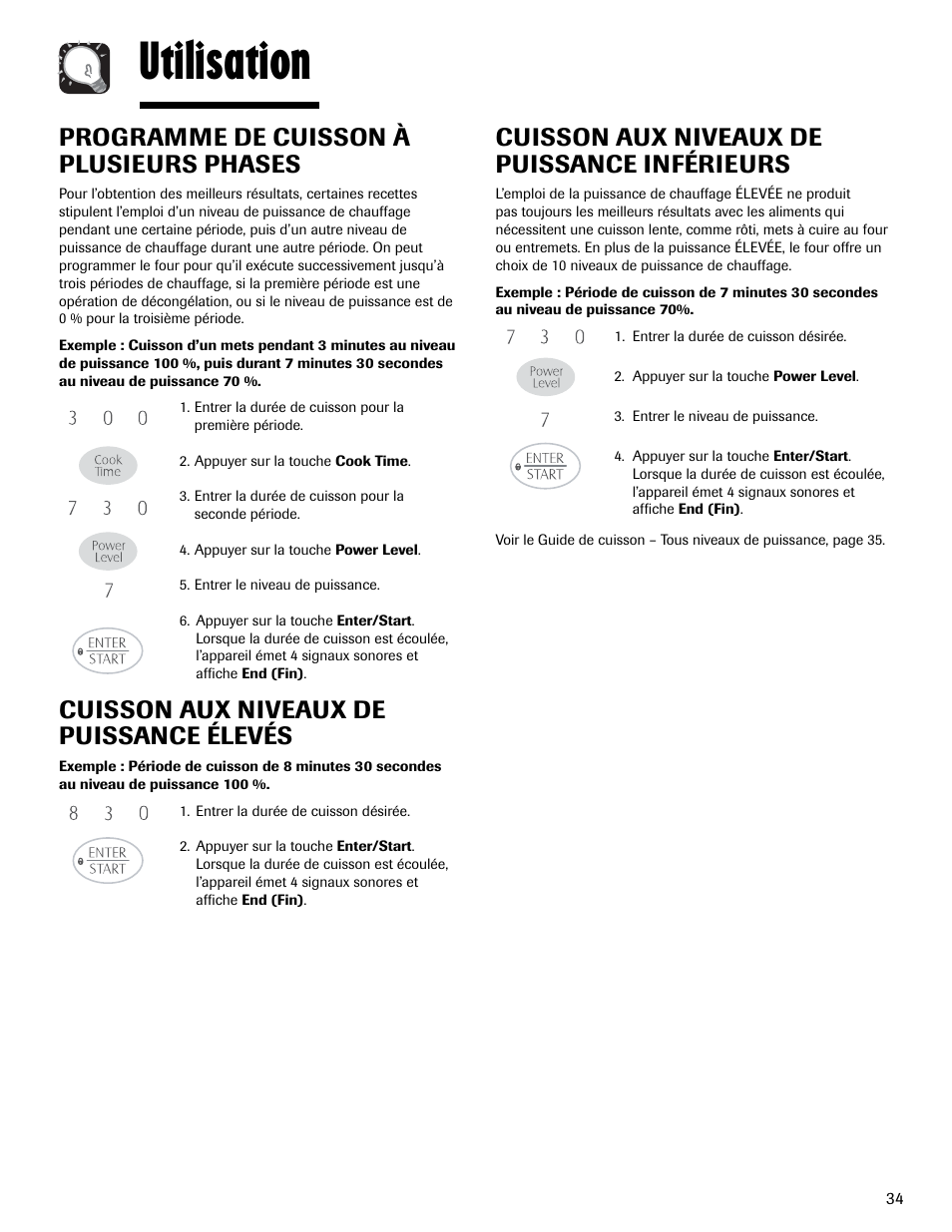 Utilisation, Programme de cuisson à plusieurs phases, Cuisson aux niveaux de puissance élevés | Cuisson aux niveaux de puissance inférieurs | Maytag MMV1153AAW User Manual | Page 35 / 80