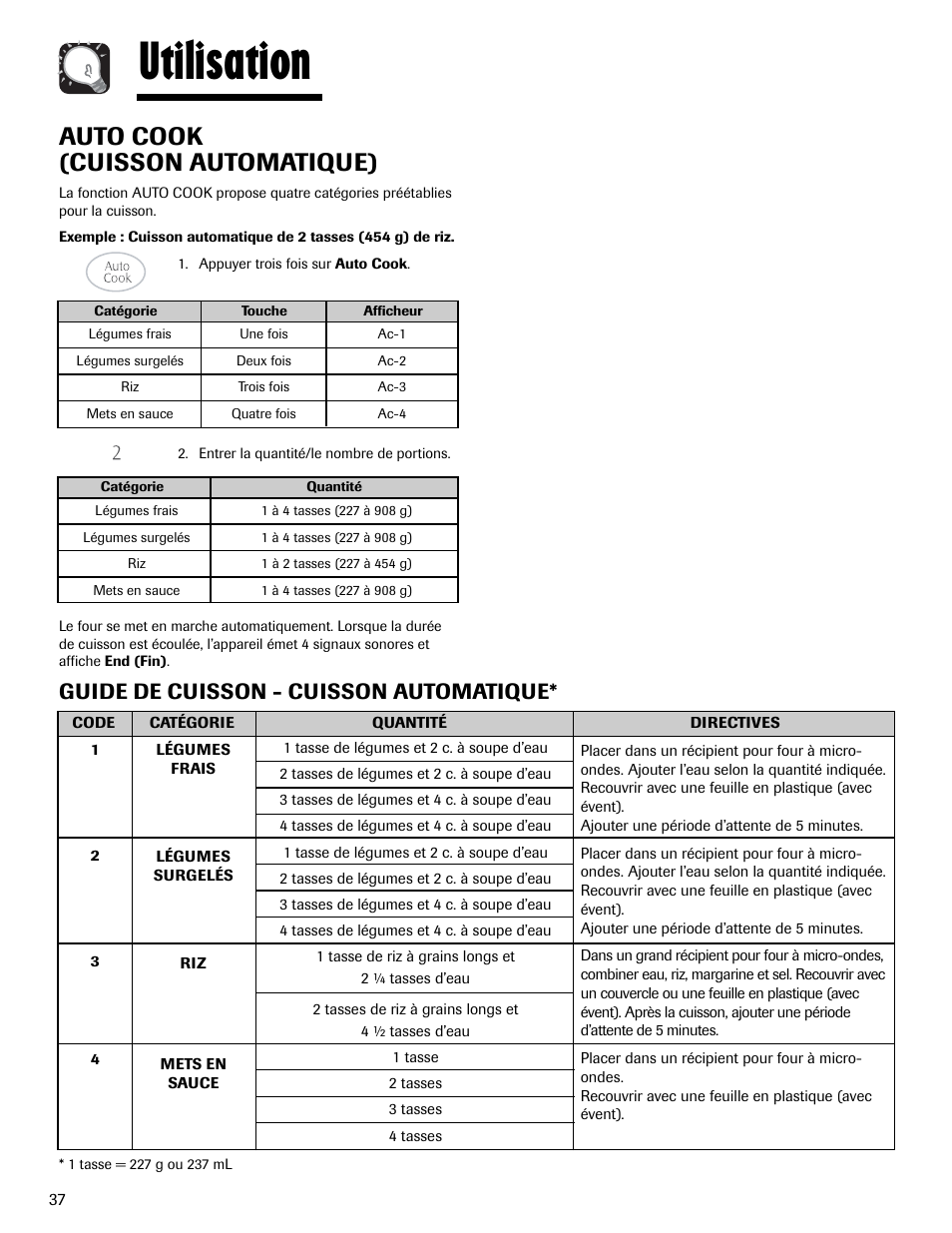 Utilisation, Auto cook (cuisson automatique), Guide de cuisson - cuisson automatique | Maytag MMV1153AAW User Manual | Page 38 / 80