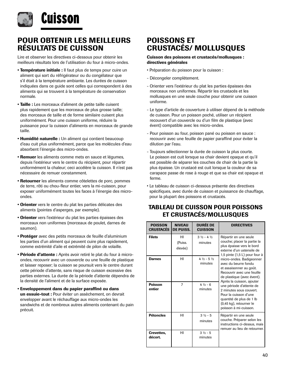 Cuisson, Pour obtenir les meilleurs résultats de cuisson, Poissons et crustacés/ mollusques | Maytag MMV1153AAW User Manual | Page 41 / 80