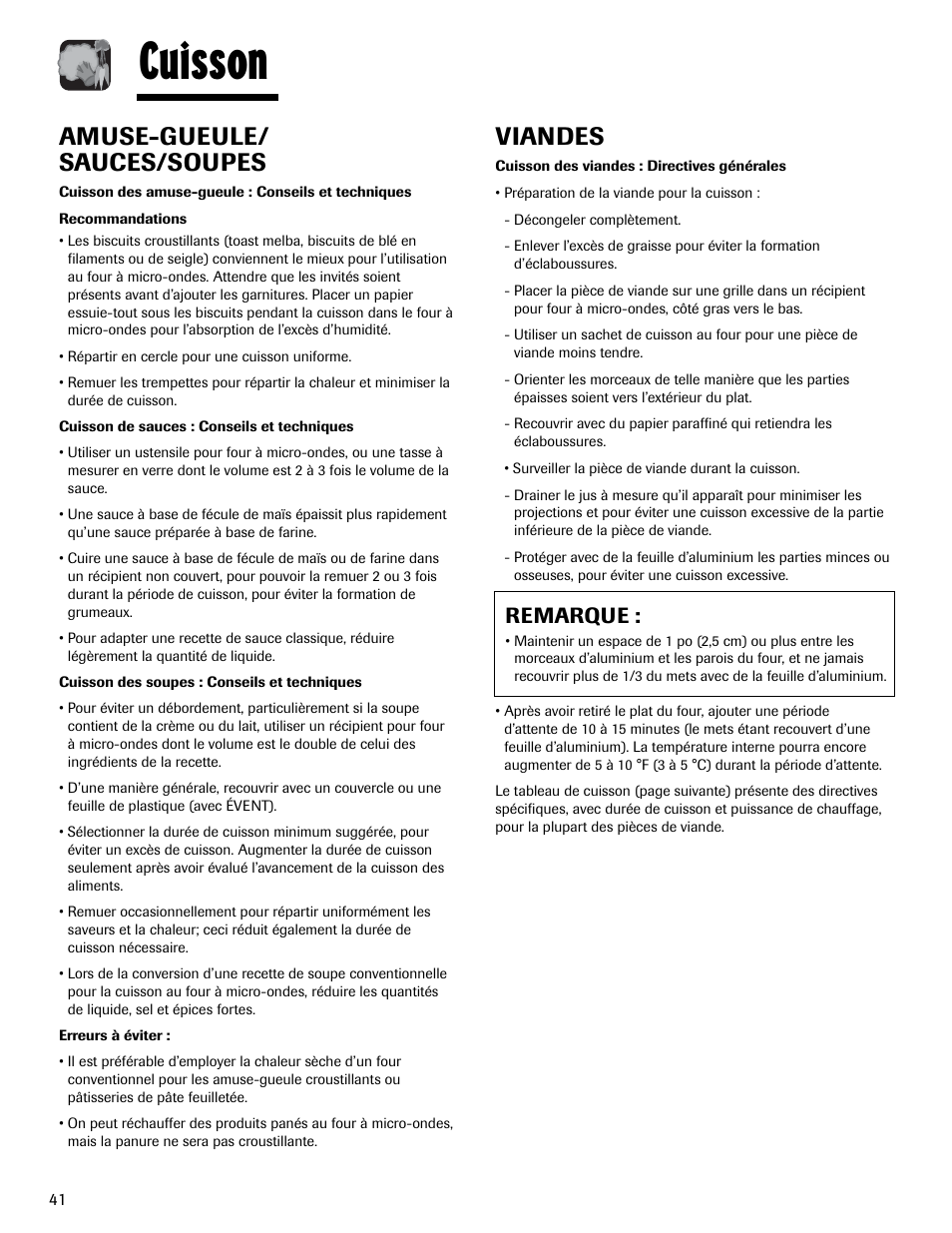 Cuisson, Viandes, Amuse-gueule/ sauces/soupes | Remarque | Maytag MMV1153AAW User Manual | Page 42 / 80