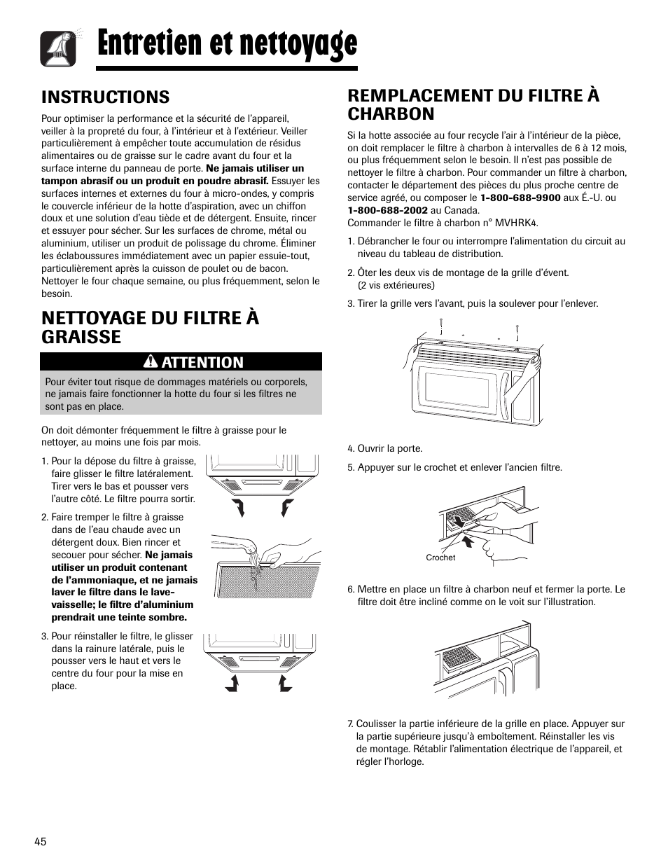 Entretien et nettoyage, Nettoyage du filtre à graisse, Instructions | Remplacement du filtre à charbon, Attention | Maytag MMV1153AAW User Manual | Page 46 / 80