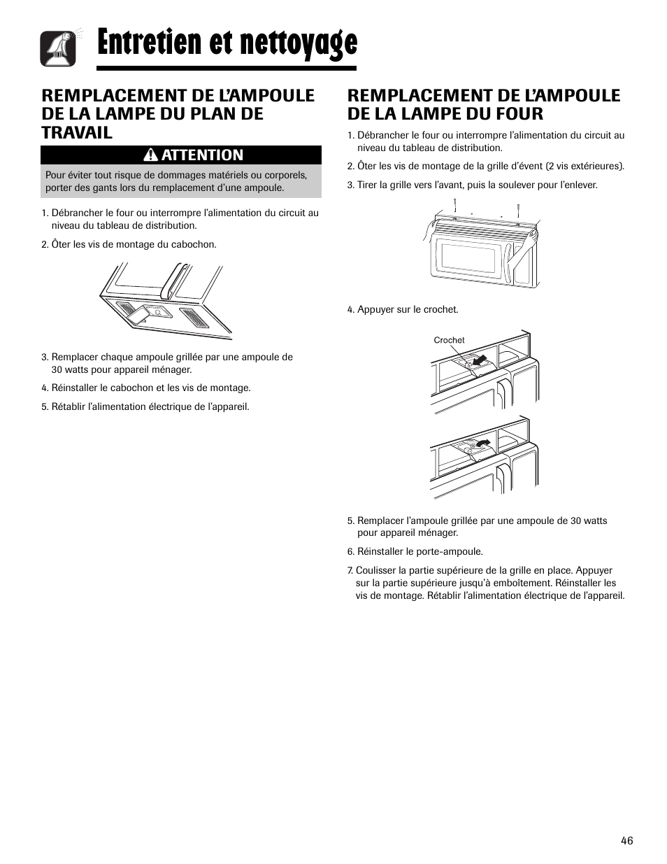 Entretien et nettoyage, Remplacement de l’ampoule de la lampe du four, Attention | Maytag MMV1153AAW User Manual | Page 47 / 80