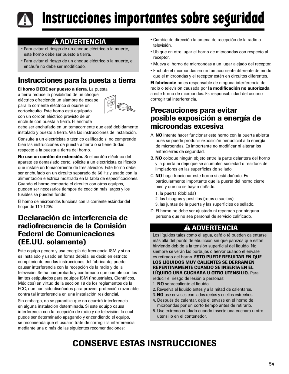 Instrucciones importantes sobre seguridad, Conserve estas instrucciones, Instrucciones para la puesta a tierra | Advertencia | Maytag MMV1153AAW User Manual | Page 55 / 80