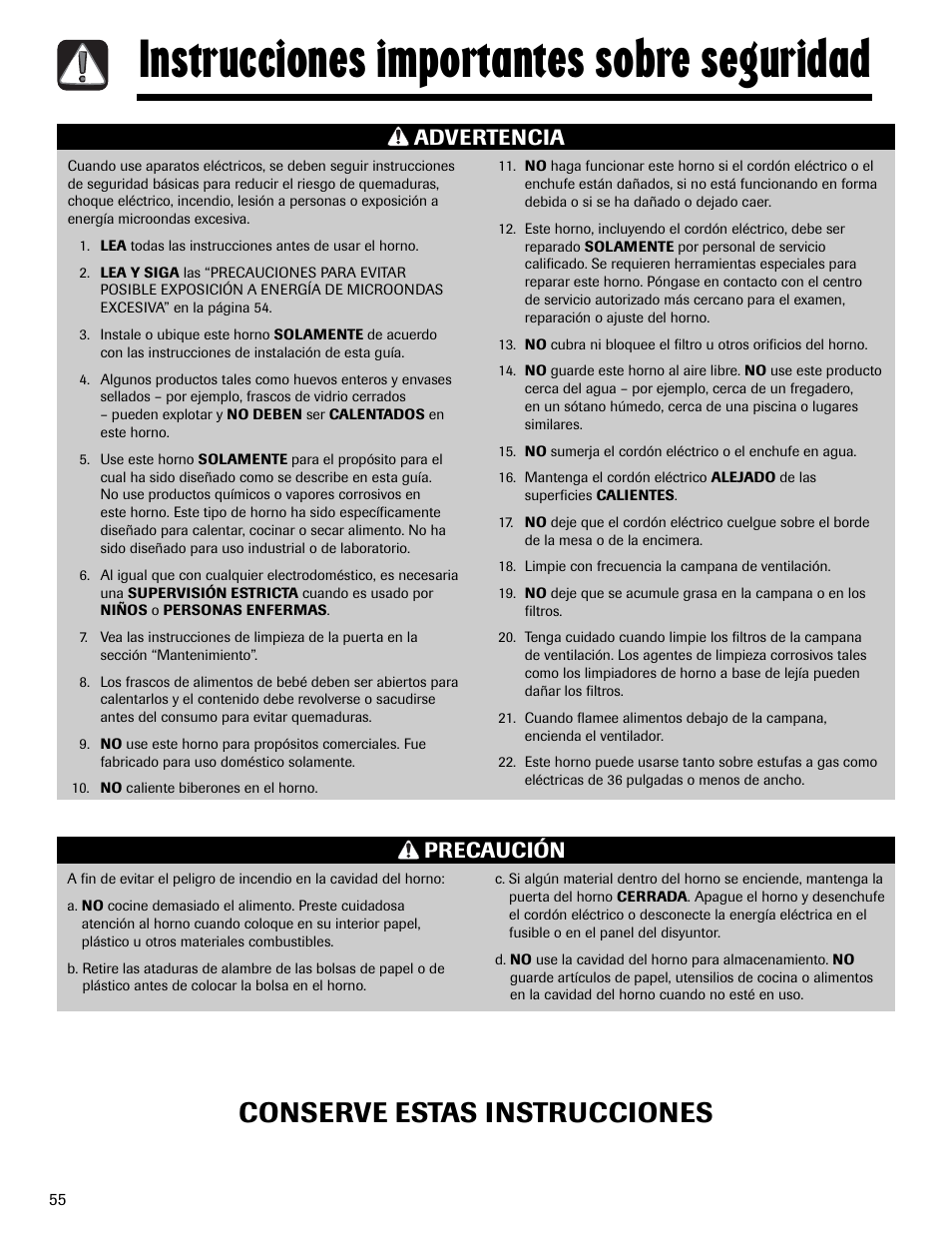 Instrucciones importantes sobre seguridad, Conserve estas instrucciones, Advertencia | Precaución | Maytag MMV1153AAW User Manual | Page 56 / 80