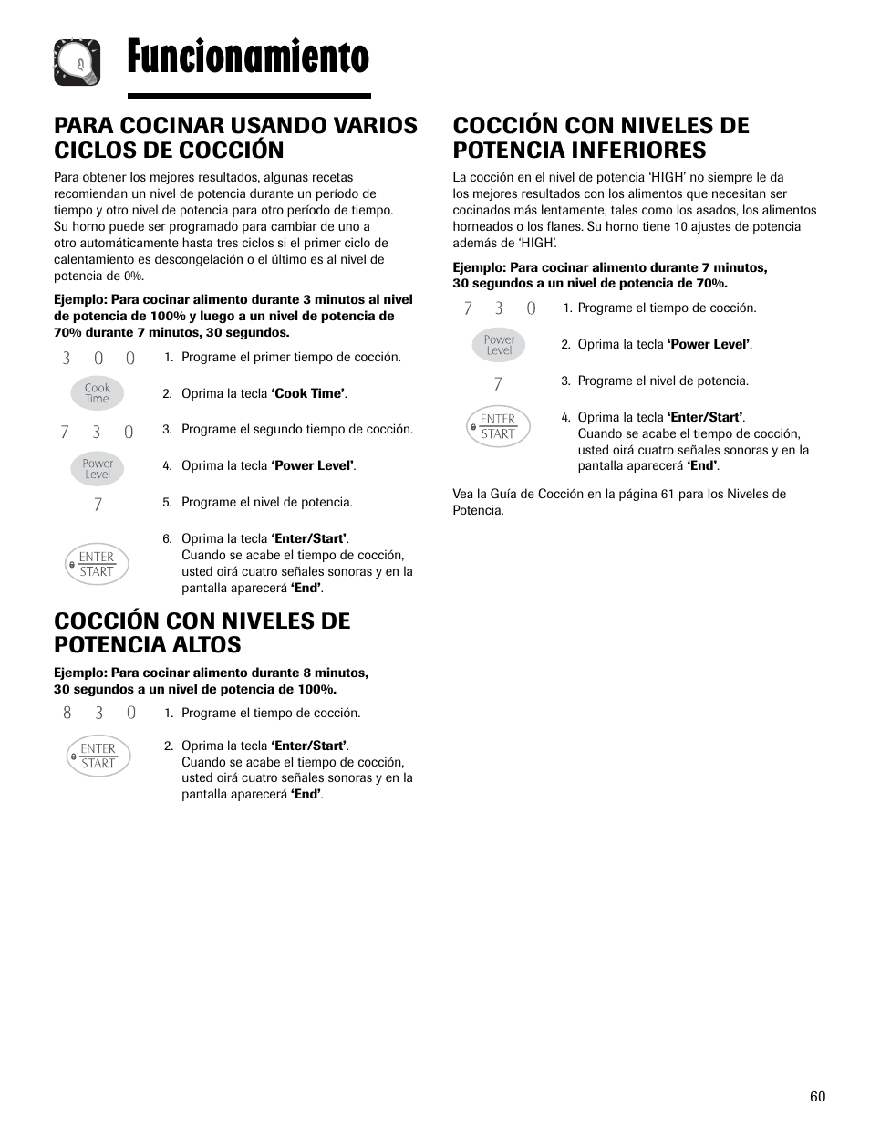 Funcionamiento, Para cocinar usando varios ciclos de cocción, Cocción con niveles de potencia altos | Cocción con niveles de potencia inferiores | Maytag MMV1153AAW User Manual | Page 61 / 80