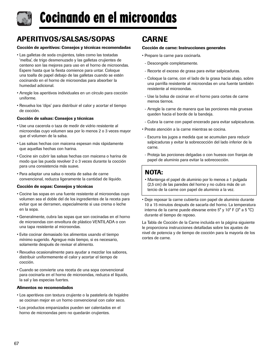 Cocinando en el microondas, Carne, Aperitivos/salsas/sopas | Nota | Maytag MMV1153AAW User Manual | Page 68 / 80
