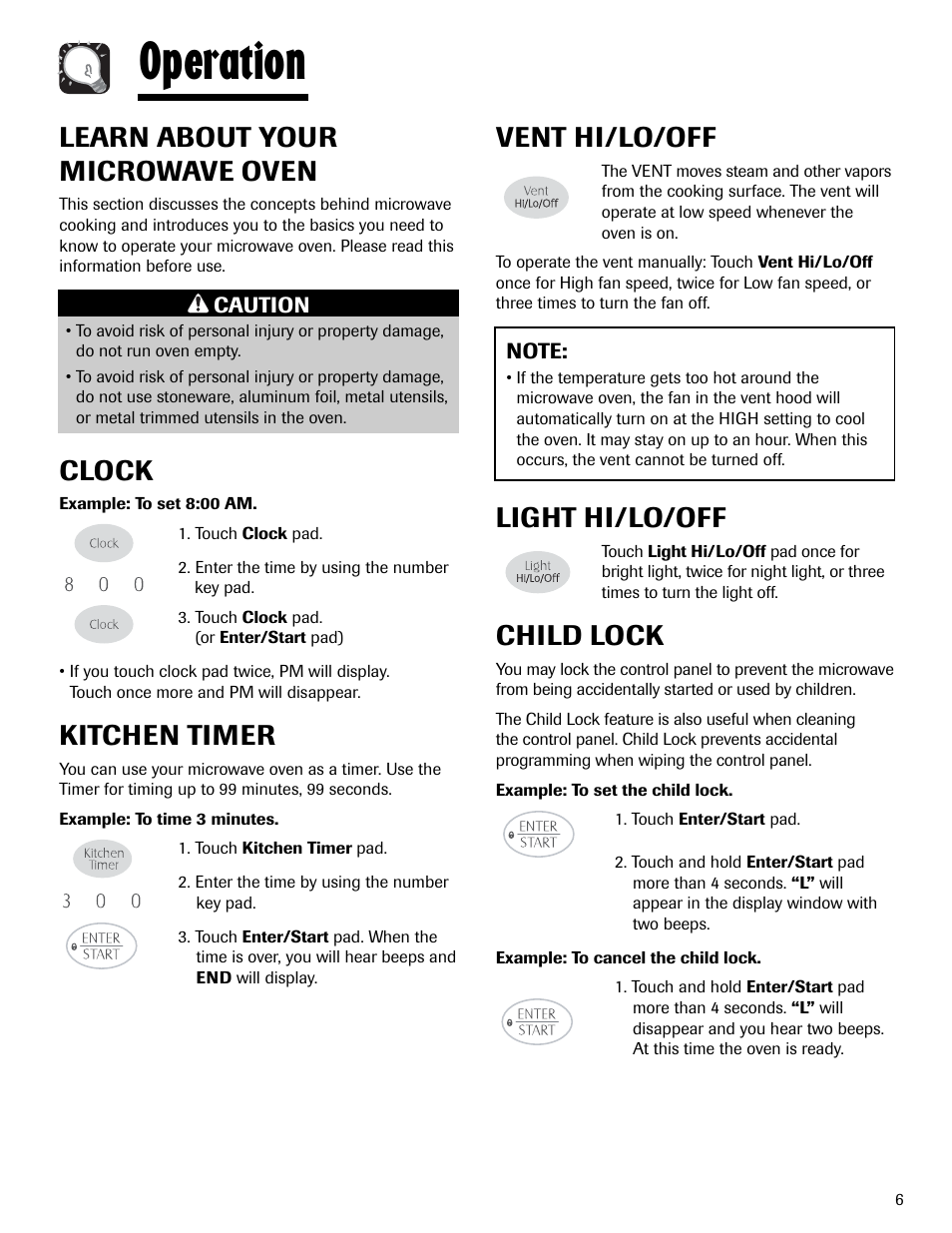 Operation, Learn about your microwave oven, Clock | Kitchen timer, Vent hi/lo/off, Light hi/lo/off, Child lock | Maytag MMV1153AAW User Manual | Page 7 / 80