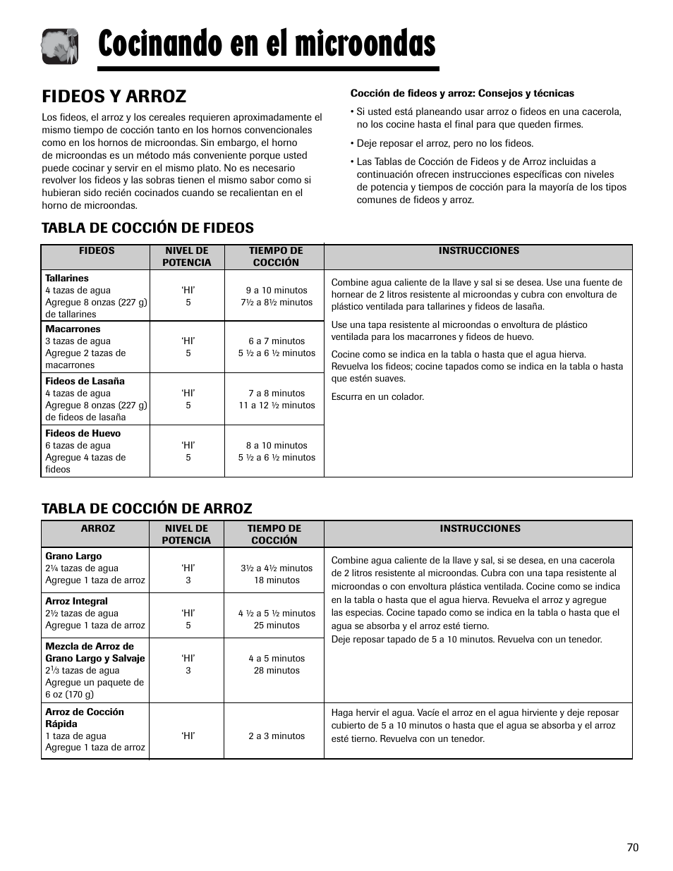 Cocinando en el microondas, Fideos y arroz, Tabla de cocción de fideos | Tabla de cocción de arroz | Maytag MMV1153AAW User Manual | Page 71 / 80