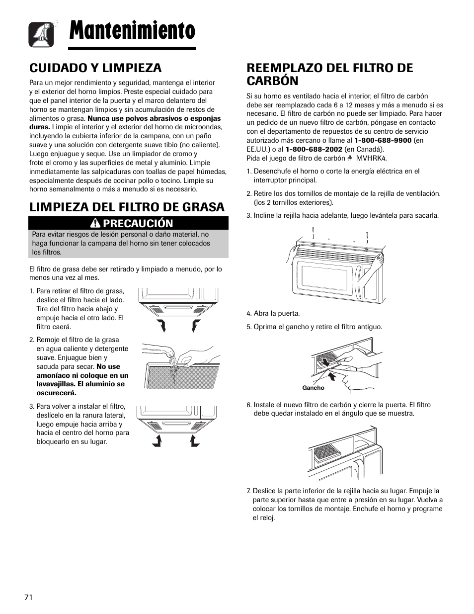 Mantenimiento, Cuidado y limpieza, Limpieza del filtro de grasa | Reemplazo del filtro de carbón, Precaución | Maytag MMV1153AAW User Manual | Page 72 / 80