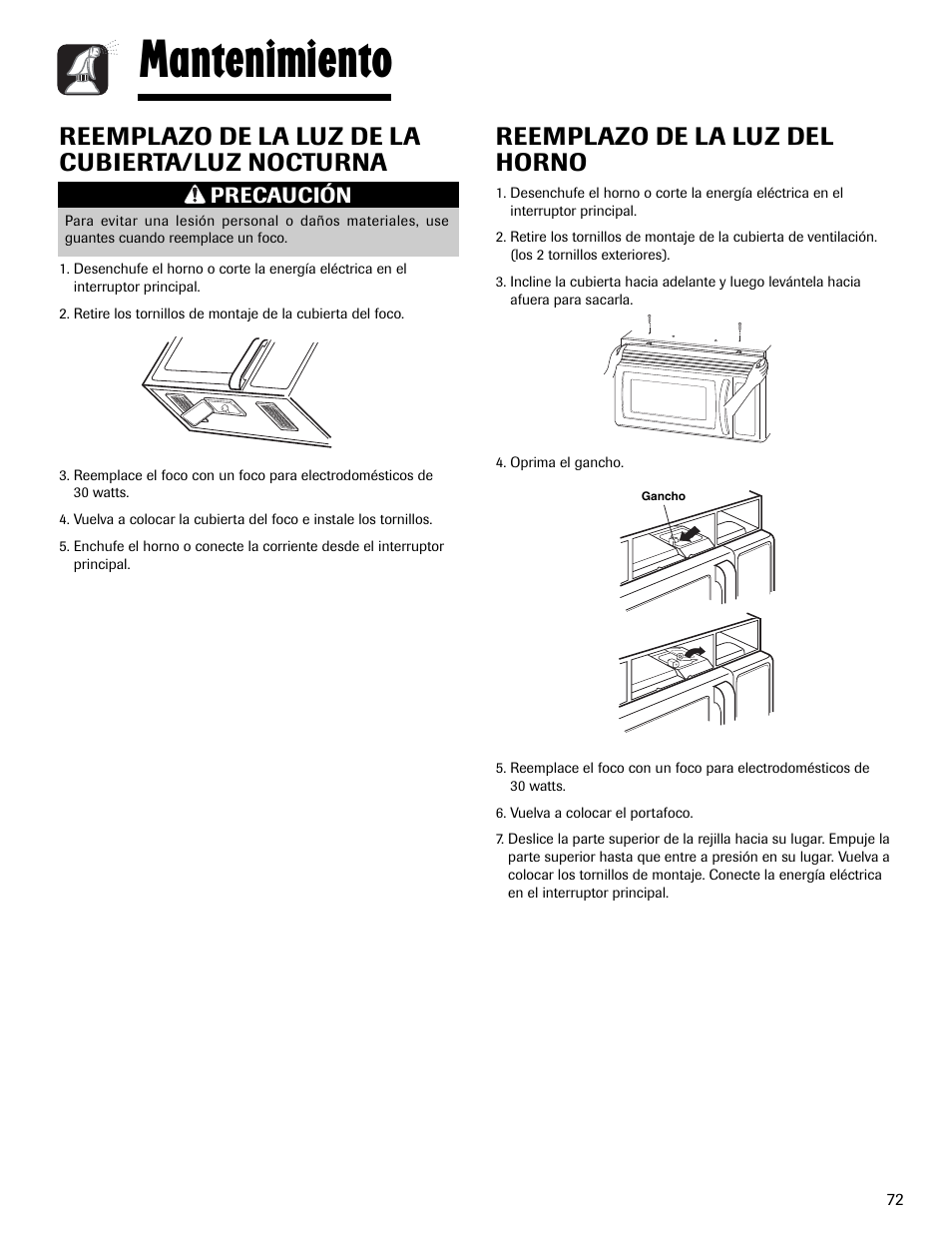 Mantenimiento, Reemplazo de la luz del horno, Reemplazo de la luz de la cubierta/luz nocturna | Precaución | Maytag MMV1153AAW User Manual | Page 73 / 80