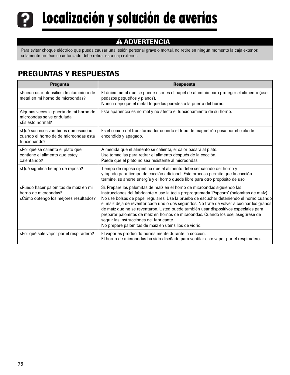 Localización y solución de averías, Preguntas y respuestas, Advertencia | Maytag MMV1153AAW User Manual | Page 76 / 80