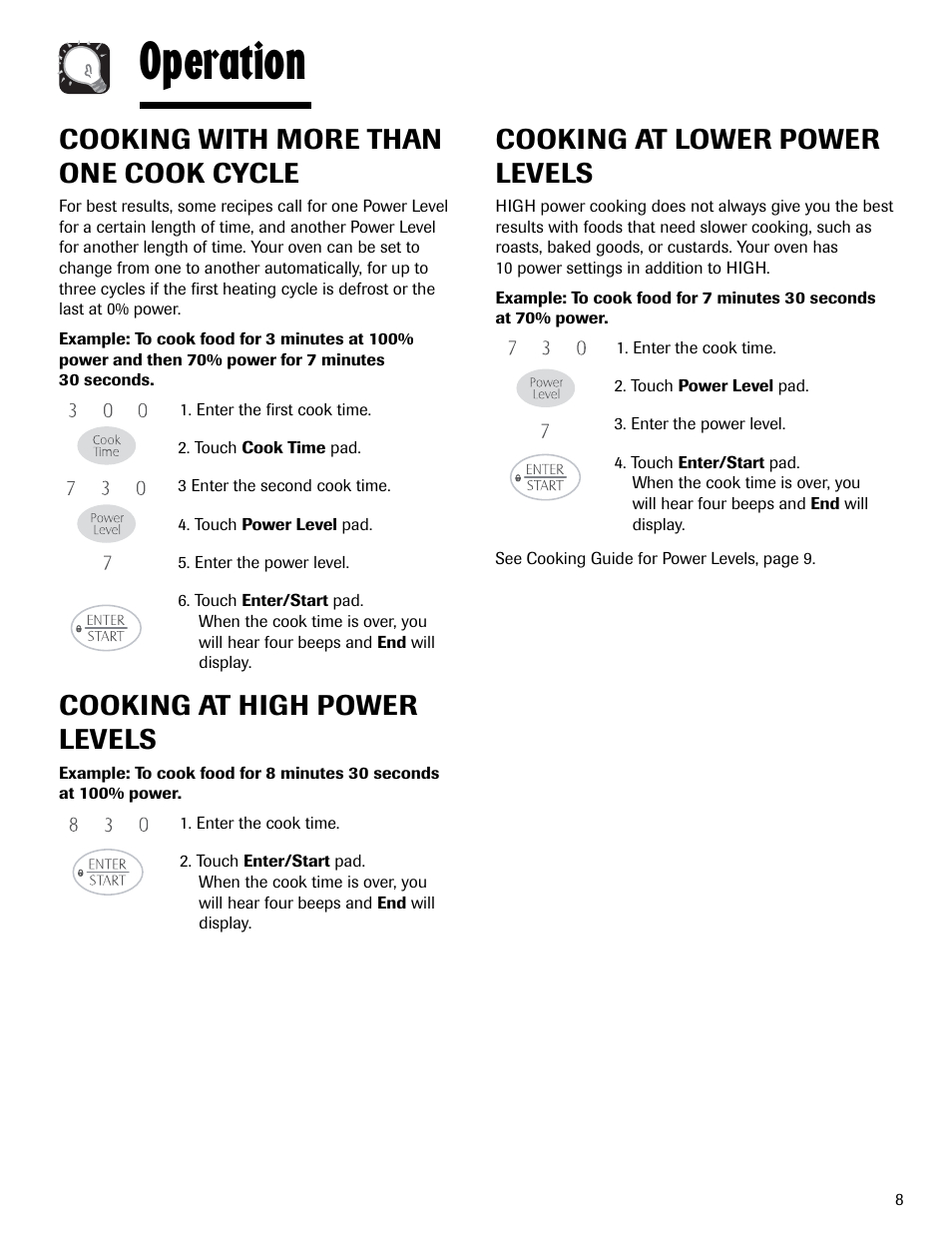 Operation, Cooking with more than one cook cycle, Cooking at high power levels | Cooking at lower power levels | Maytag MMV1153AAW User Manual | Page 9 / 80