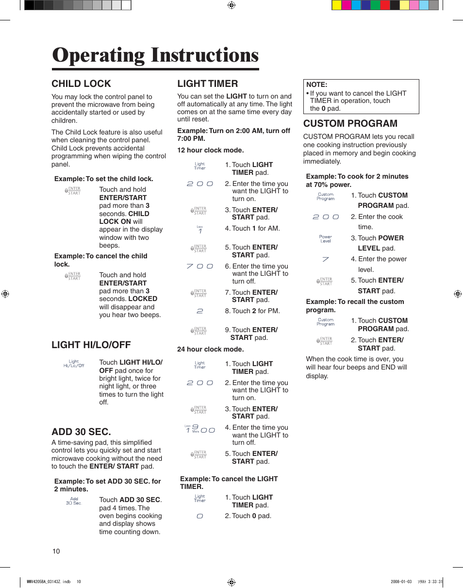 Operating instructions, Child lock, Light hi/lo/off | Add 30 sec, Light timer, Custom program | Maytag MMV4205BAS User Manual | Page 10 / 84