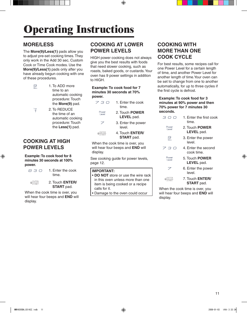 Operating instructions, More/less, Cooking at high power levels | Cooking at lower power levels, Cooking with more than one cook cycle | Maytag MMV4205BAS User Manual | Page 11 / 84