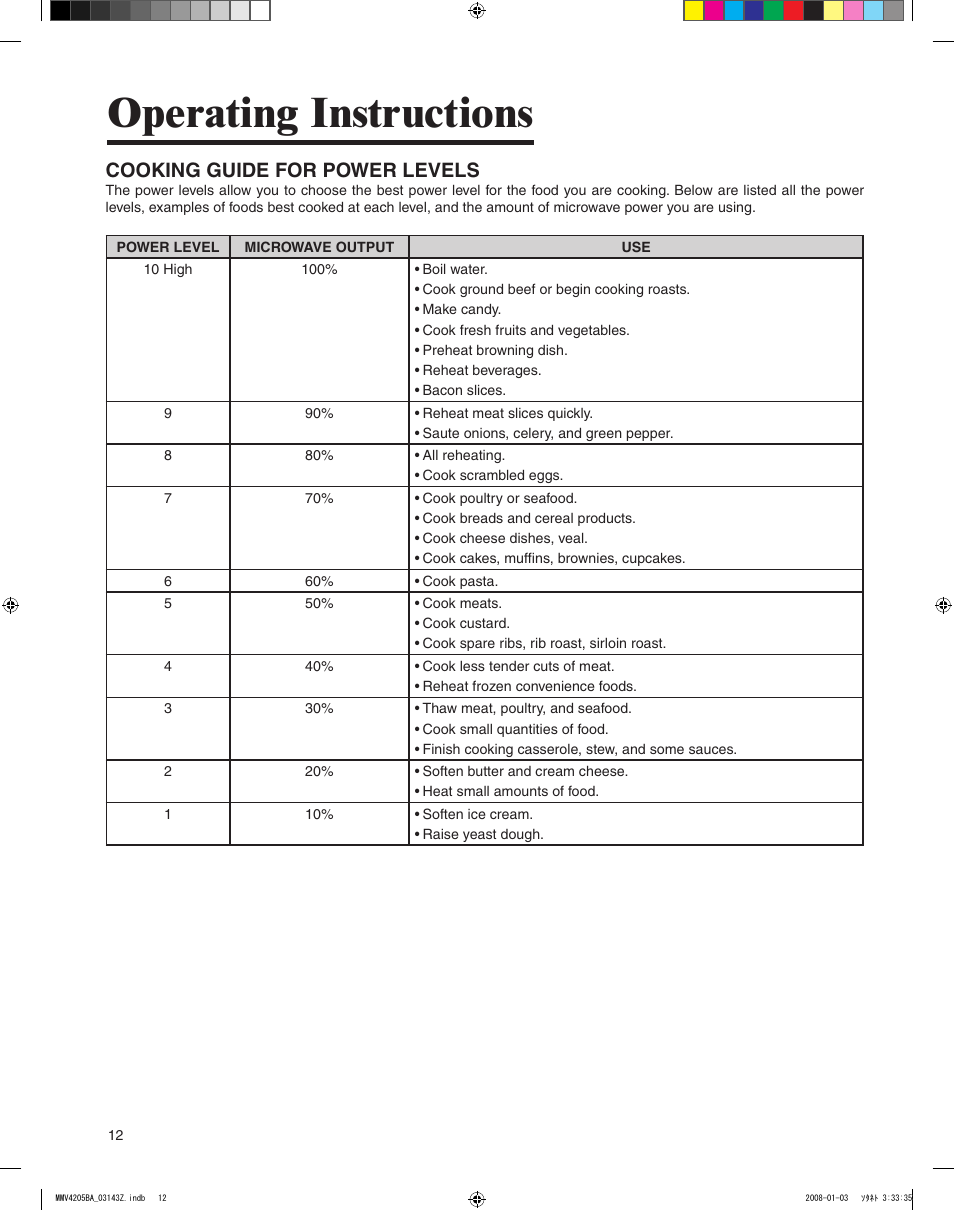 Operating instructions, Cooking guide for power levels | Maytag MMV4205BAS User Manual | Page 12 / 84