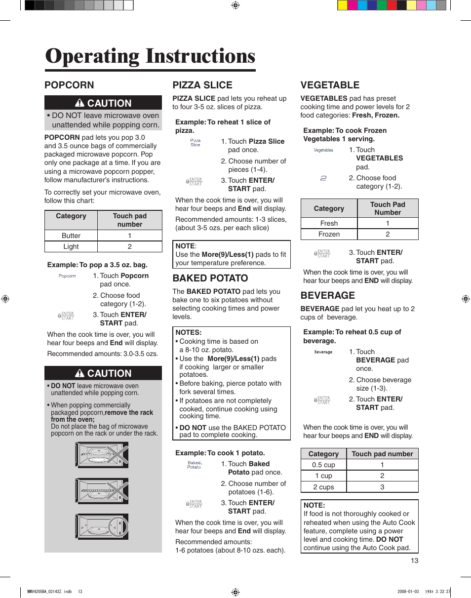 Operating instructions, Popcorn caution, Caution | Pizza slice, Baked potato, Vegetable, Beverage | Maytag MMV4205BAS User Manual | Page 13 / 84