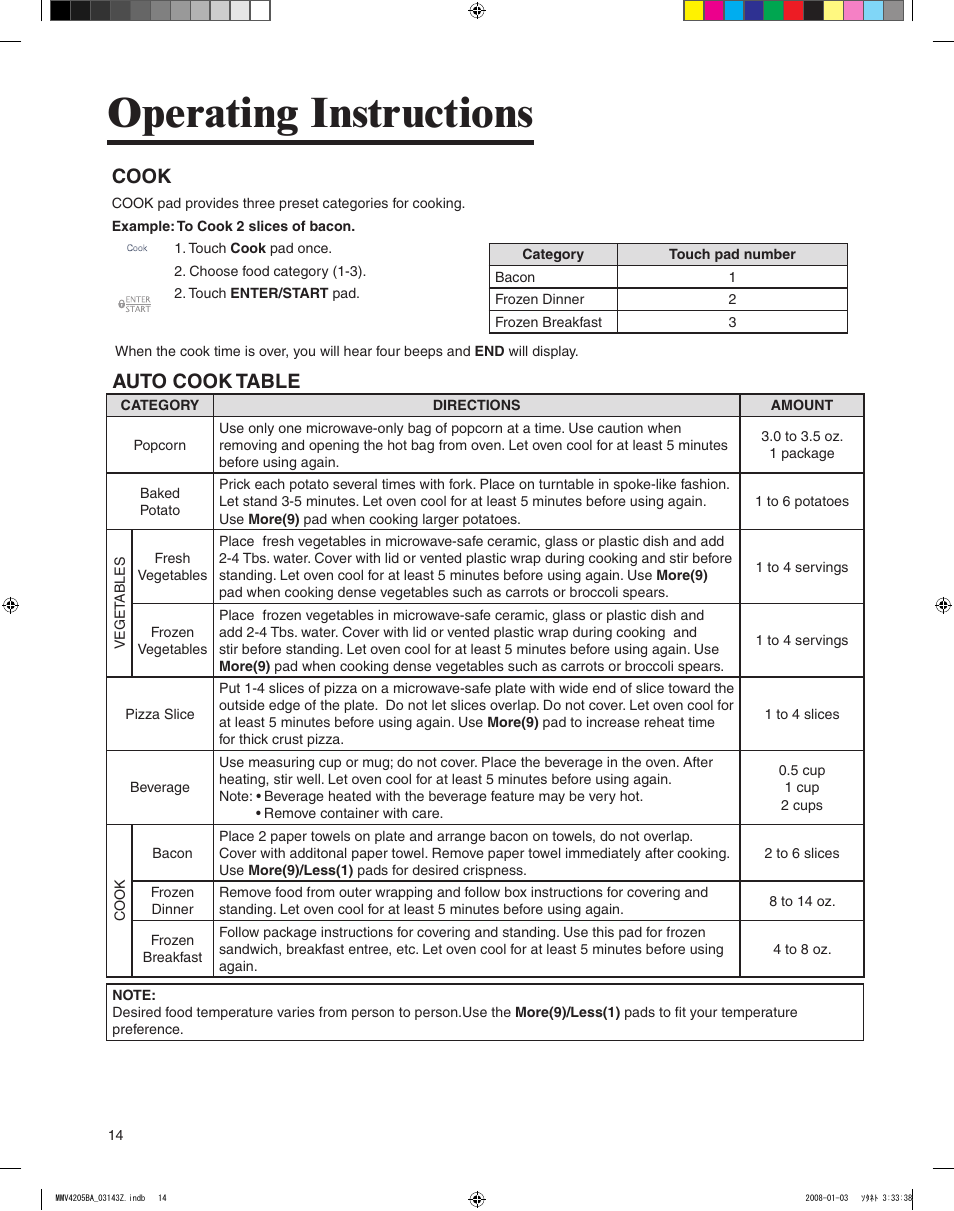 Operating instructions, Cook, Auto cook table | Maytag MMV4205BAS User Manual | Page 14 / 84