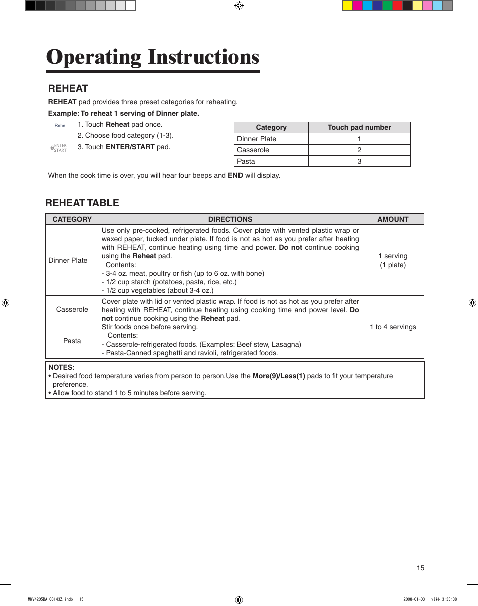 Operating instructions, Reheat, Reheat table | Maytag MMV4205BAS User Manual | Page 15 / 84