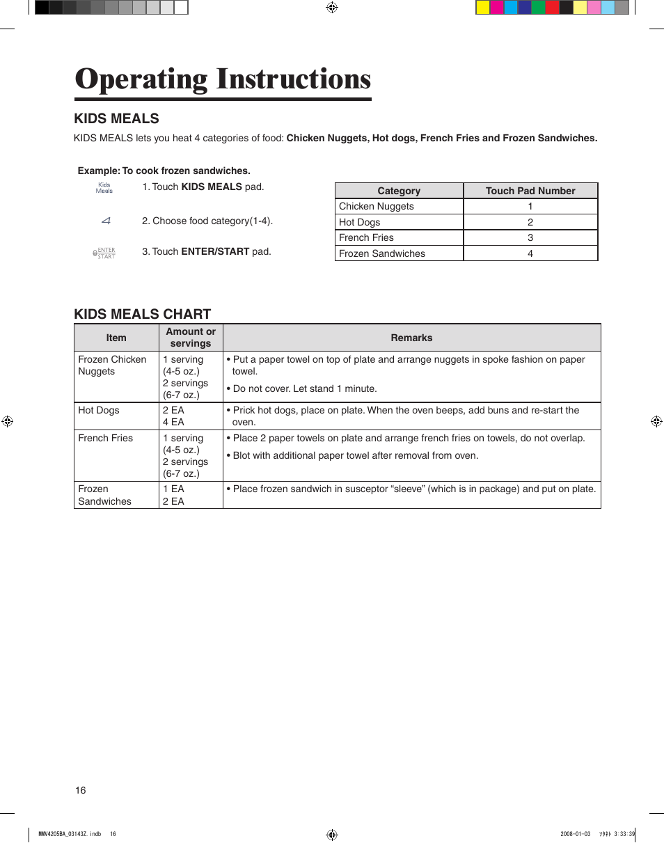 Operating instructions, Kids meals, Kids meals chart | Maytag MMV4205BAS User Manual | Page 16 / 84