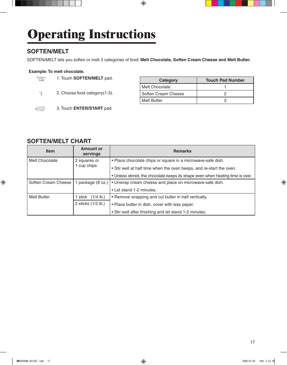 Operating instructions, Soften/melt, Soften/melt chart | Maytag MMV4205BAS User Manual | Page 17 / 84