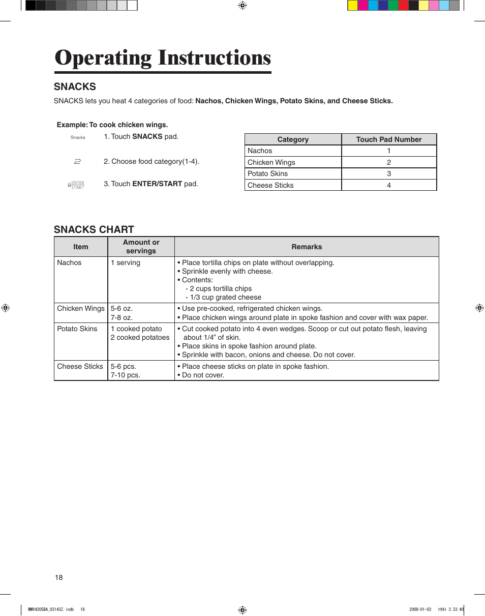 Operating instructions, Snacks, Snacks chart | Maytag MMV4205BAS User Manual | Page 18 / 84
