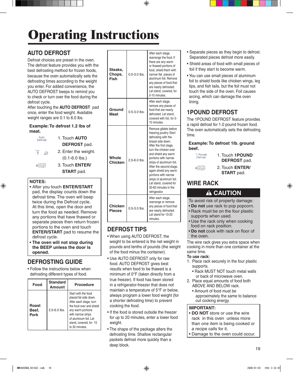 Operating instructions, Defrost tips, Auto defrost | Defrosting guide, 1pound defrost, Wire rack caution | Maytag MMV4205BAS User Manual | Page 19 / 84